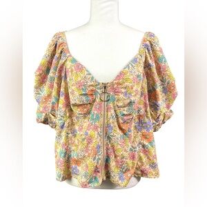 Milk & Honey Plus Size Pastel Floral Puff Sleeve Top‎ 3X zipper front colorful